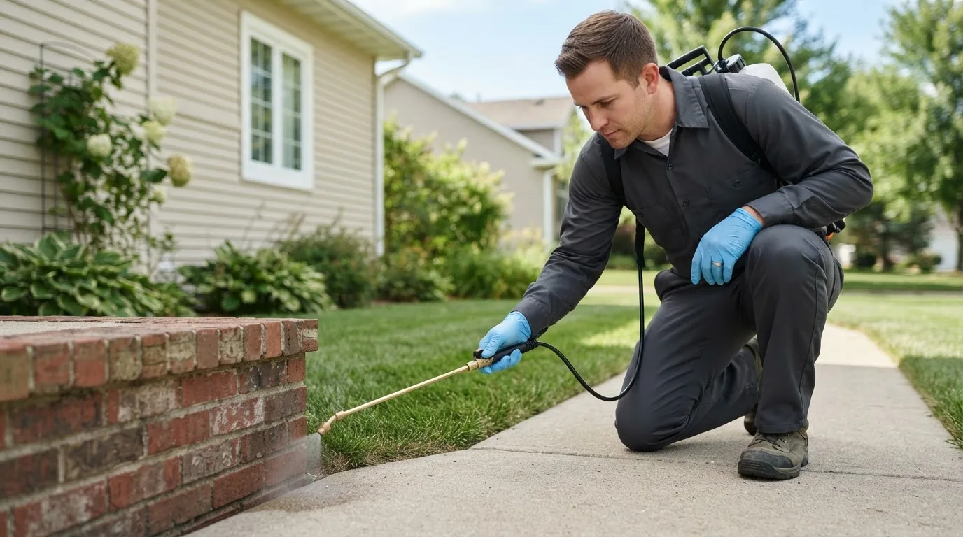 Pest control technician treating a home near Buena Vista, NM